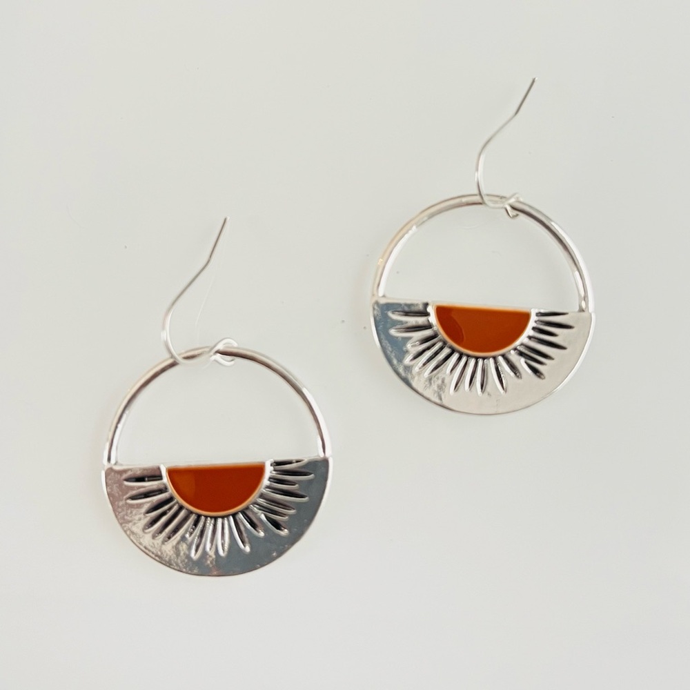 Anthropologie Silver Hoop Earrings with Burnt Orange Inlay